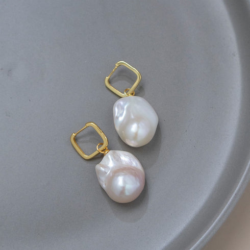 Baroque Pearl Drop Gold Square Hoop Earrings